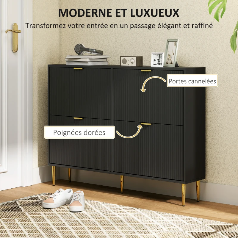 HOMCOM Meuble à chaussures 20 paires avec 4 tiroirs rabattables, portes cannelées et étagères réglables, 105x24x91,5cm, noir