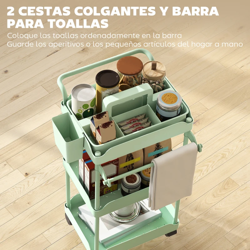 HOMCOM Carrito Auxiliar con Ruedas de 3 Niveles Carrito de Cocina con Cestas Extraíbles y Soporte para Toallas Verde