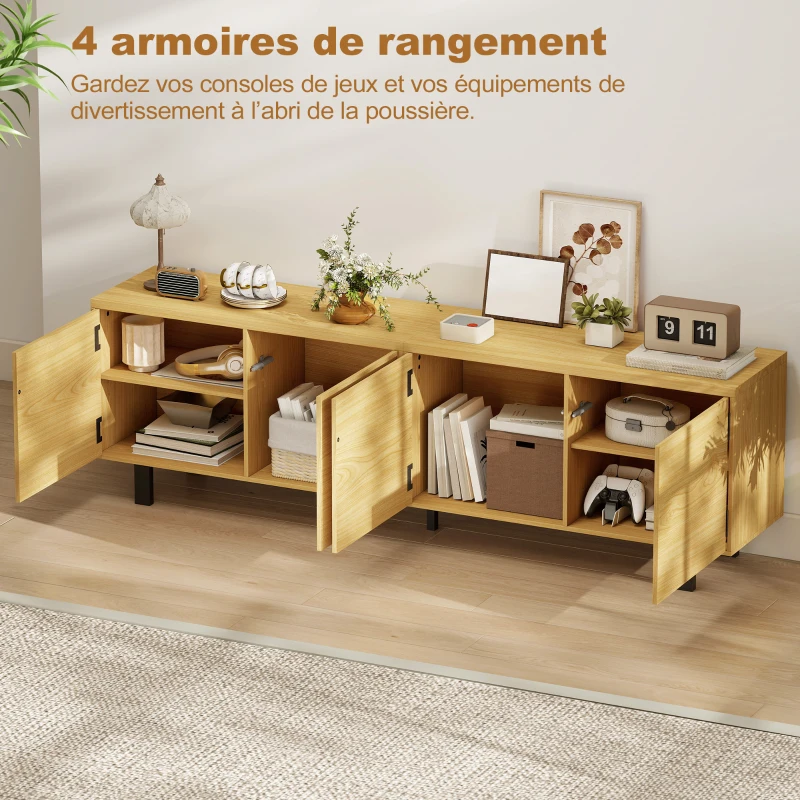 HOMCOM Meuble TV 180 cm, meuble télé pour 82 pouces avec 4 portes à ouverture par pression 180x35x55,5cm bois naturel