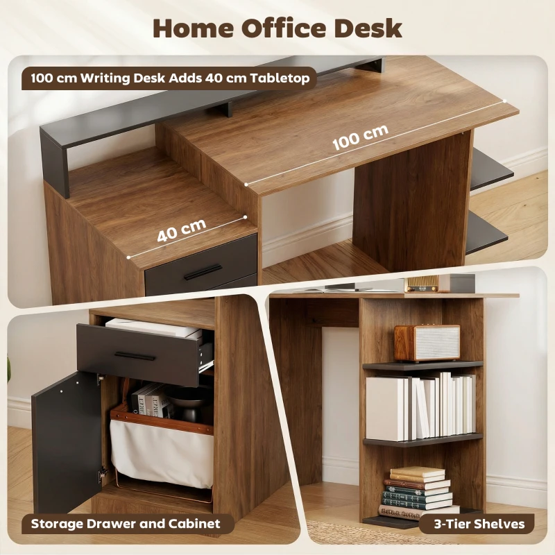 HOMCOM Biurko komputerowe z miejscem na przechowywanie i półkami, nowoczesne biurko do biura i gabinetu, 140 cm, dąb