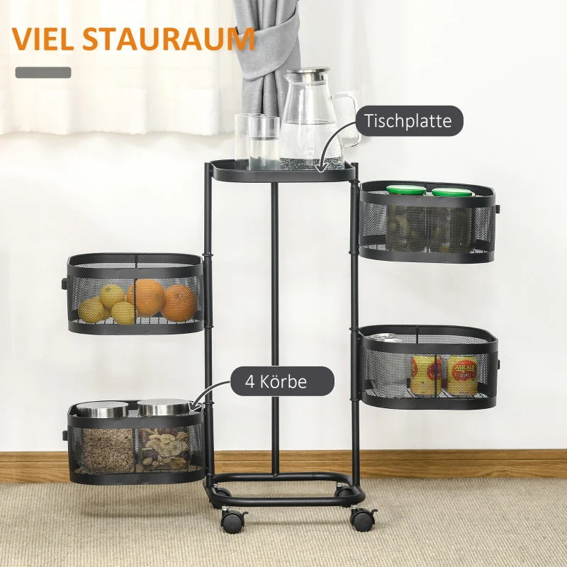 HOMCOM Servierwagen mit 4 Ebenen drehbar Küchenwagen mit Rollen Drahtkorb Rollwagen mit oberen Regal 33x33x77 cm Schwarz