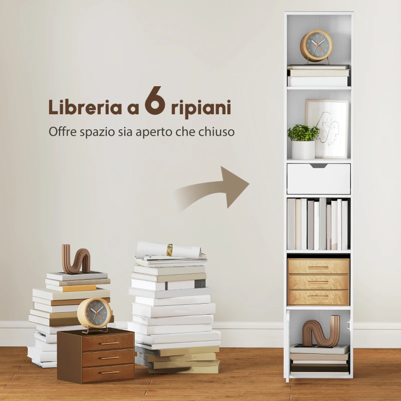 HOMCOM Libreria a 6 livelli, regolabile su 3 posizioni, con cassetto, anta, ripiano regolabile, espositore, pannello truciolare, bianco