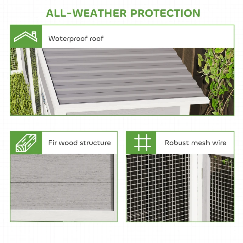 PawHut Kurnik narożny L-kształtny z drewna z 2 domkami, 2 poziomami, wybiegiem i rampą, 251 x 192 x 103 cm, szary