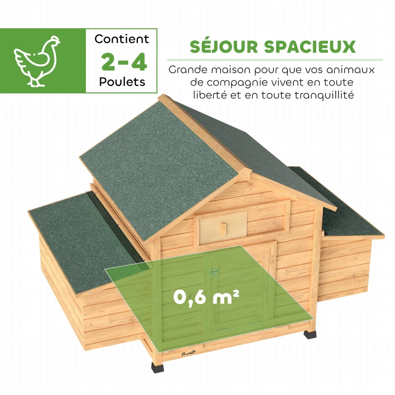 PawHut Poulailler en bois abri pour 2-4 poules toit ouvrant étanche & 2 pondoirs 150 x 100 x 96,5 cm jaune