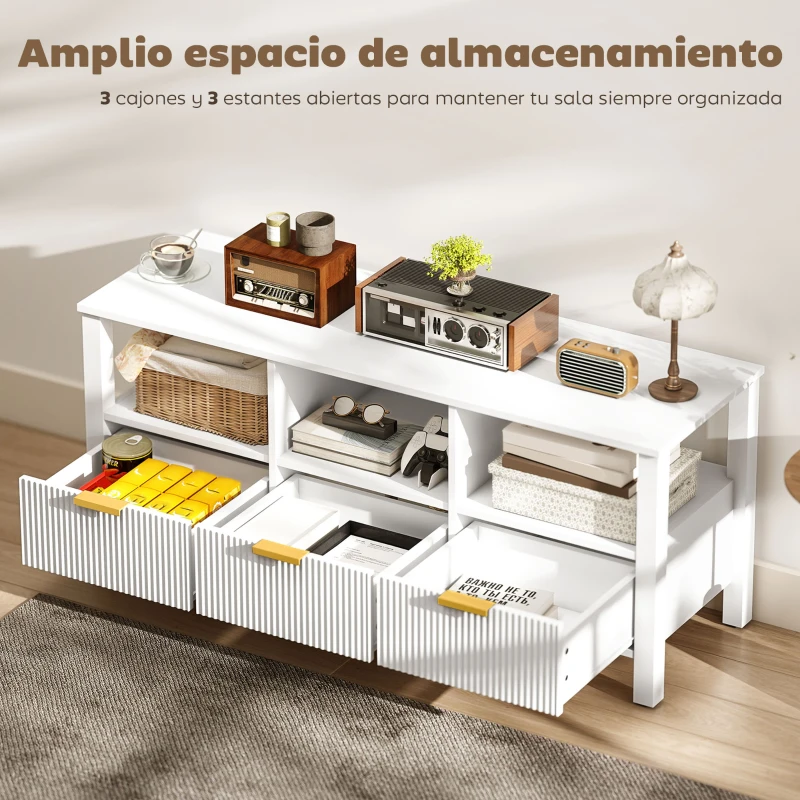 HOMCOM Mueble de TV Moderno con 3 Cajones y 3 Estantes Abiertos para Televisión 43-55 Pulgadas 120x39,5x50 cm Blanco