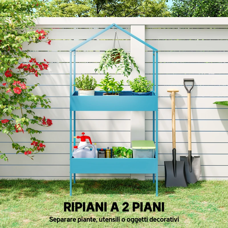 Outsunny Portavasi a 2 Livelli in Metallo a Forma di Casetta con Gancio, 75x35x150 cm, Blu Verde