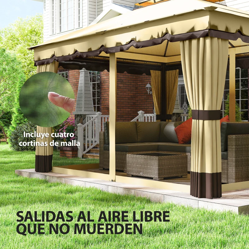 Outsunny Cenador de Jardín 3,7x3 m con Doble Techo 4 Cortinas y Mosquitera Marco de Acero Orificios de Drenaje  UV30+ Beige