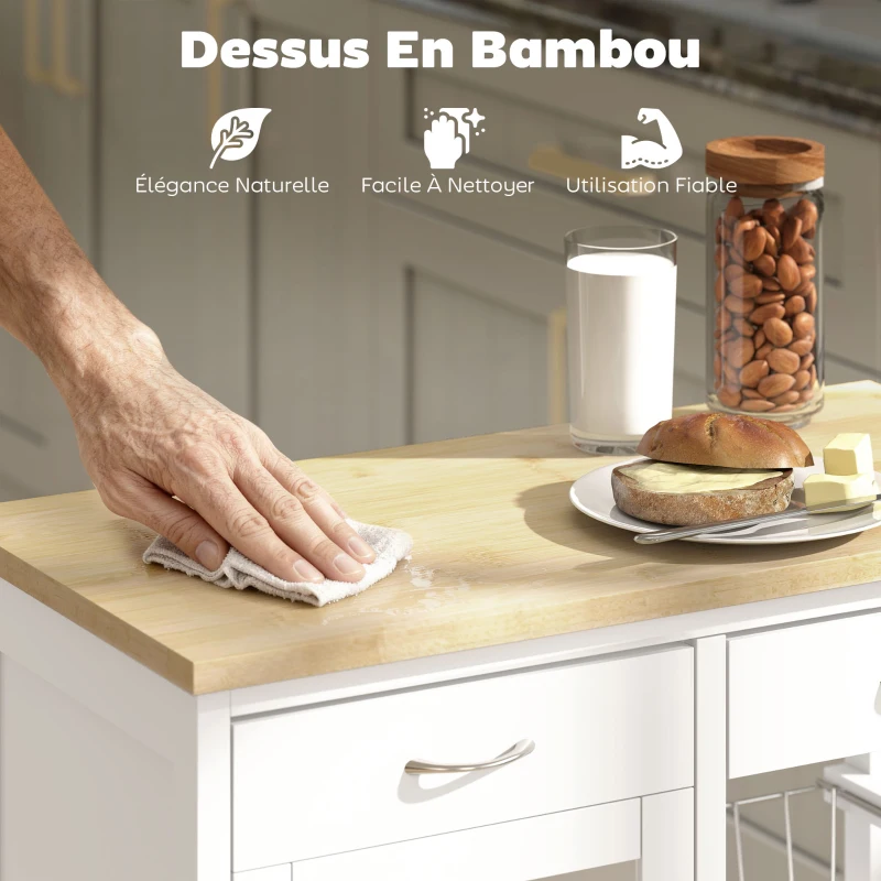 HOMCOM Desserte de cuisine à roulettes, îlot central cuisine avec plateau en bambou, porte vitrée, 67 x 35 x 80 cm, blanc