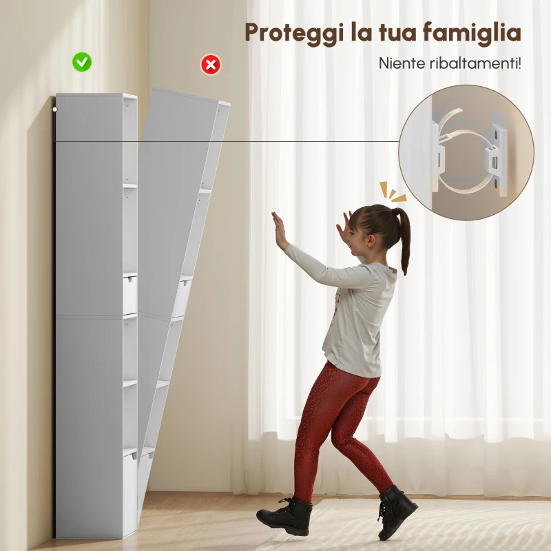 HOMCOM Libreria a 6 livelli, regolabile su 3 posizioni, con cassetto, anta, ripiano regolabile, espositore, pannello truciolare, bianco