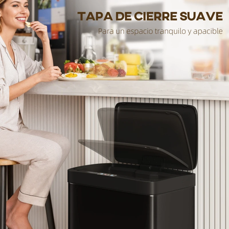 HOMCOM Cubo de Basura Cocina Automático 45 L con Sensor Infrarrojo Cierre Suave y Cubo Interior Extraíble Antihuellas Negro