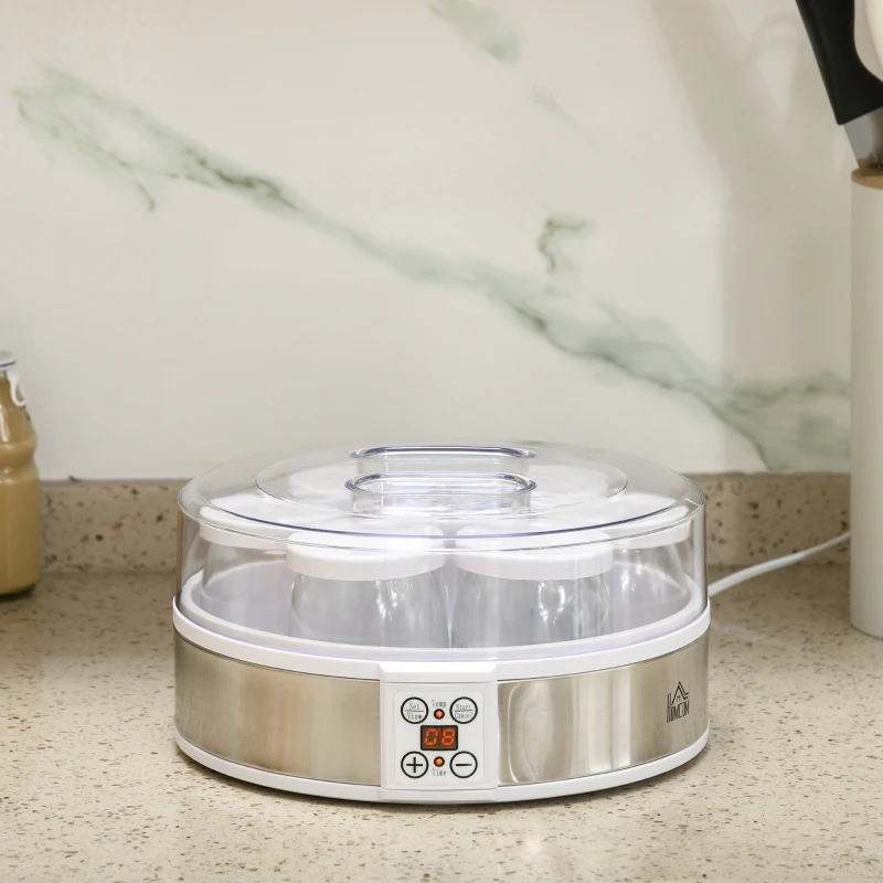 HOMCOM Yaourtière 7 pots de 180ml machine à yaourt électrique en acier inoxydable thermostat réglable 24 x 24 x 13 cm blanc
