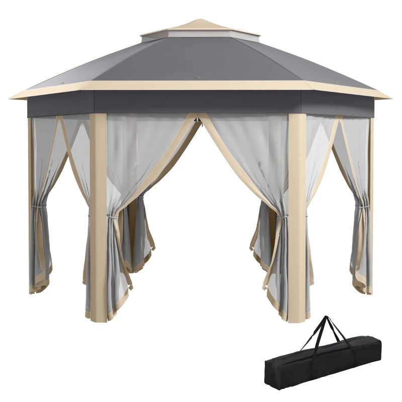 Outsunny tuinpaviljoen opvouwbaar tuinhuisje 4 x 4 m pop-up tent partytent incl. draagtas 6 zijpanelen dubbel dak zeshoekig beige + kaki