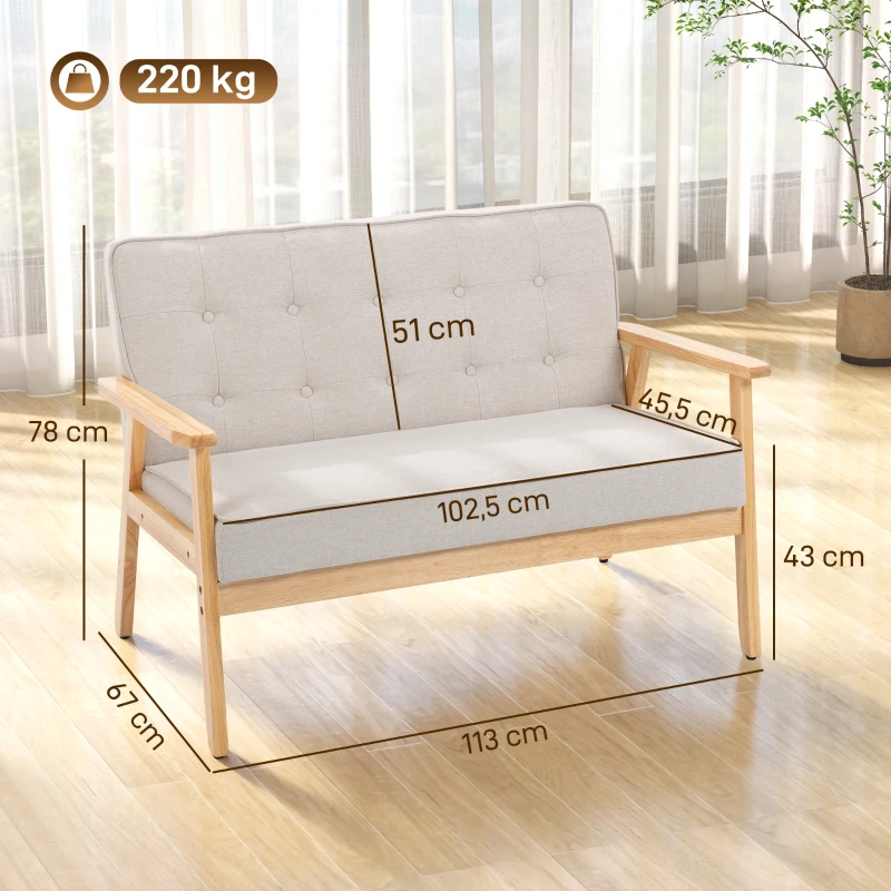 HOMCOM Sofá de 2 Plazas Tapizado en Lino Sintético Sofá Nórdico con Patas y Reposabrazos de Madera 113x67x78 cm Beige