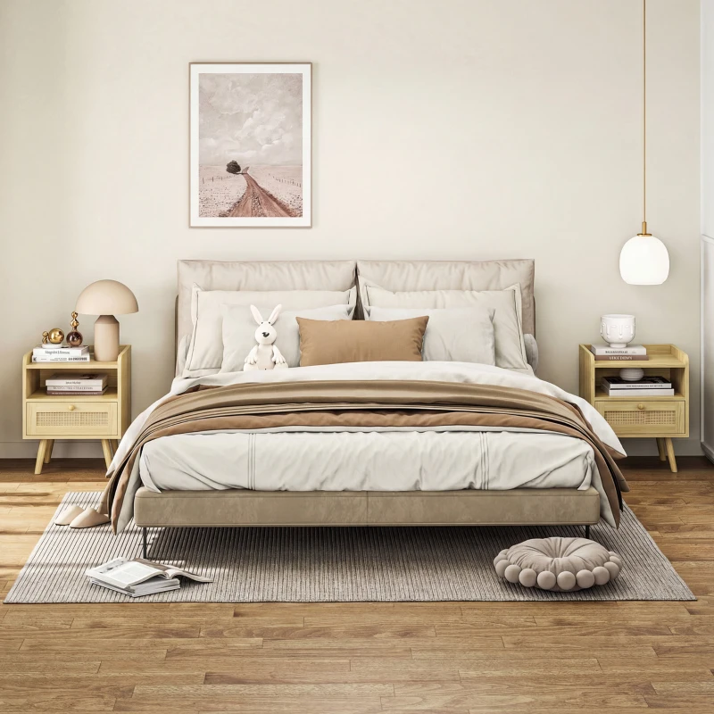 HOMCOM Lot de 2 tables de chevet avec tiroir effet rotin et compartiment ouvert, 40 x 30 x 60 cm, effet bois naturel