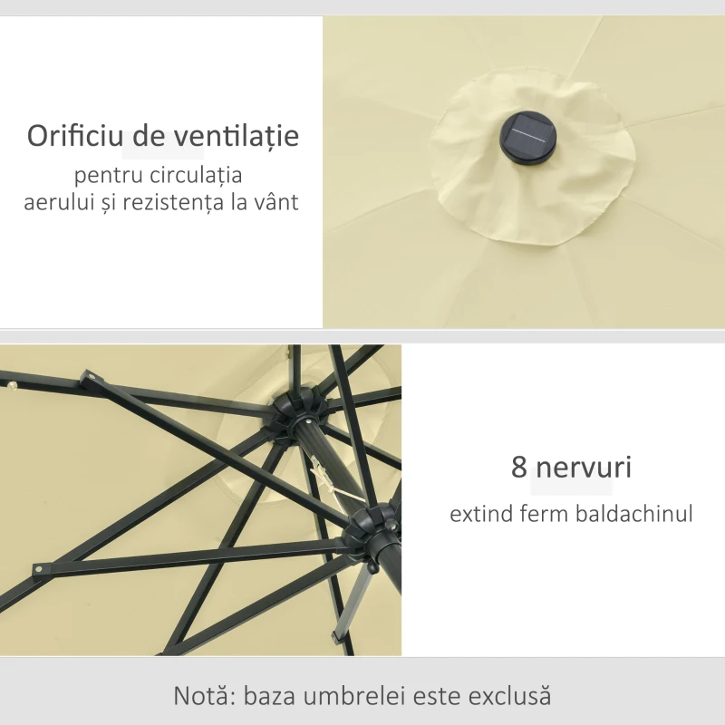 Outsunny Umbrelă de Grădină Inclinabilă Ø265 cm cu 32 Lumini LED Solare și Manivelă, Umbrelă de Exterior cu 8 Spițe, din Oțel, Poliester, pentru Terasă, Curte, Balcon, Bej