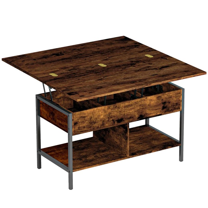HOMCOM Table basse relevable et extensible, table de salon avec compartiment caché étagères ouvertes, 98x49x55cm, brun rustique