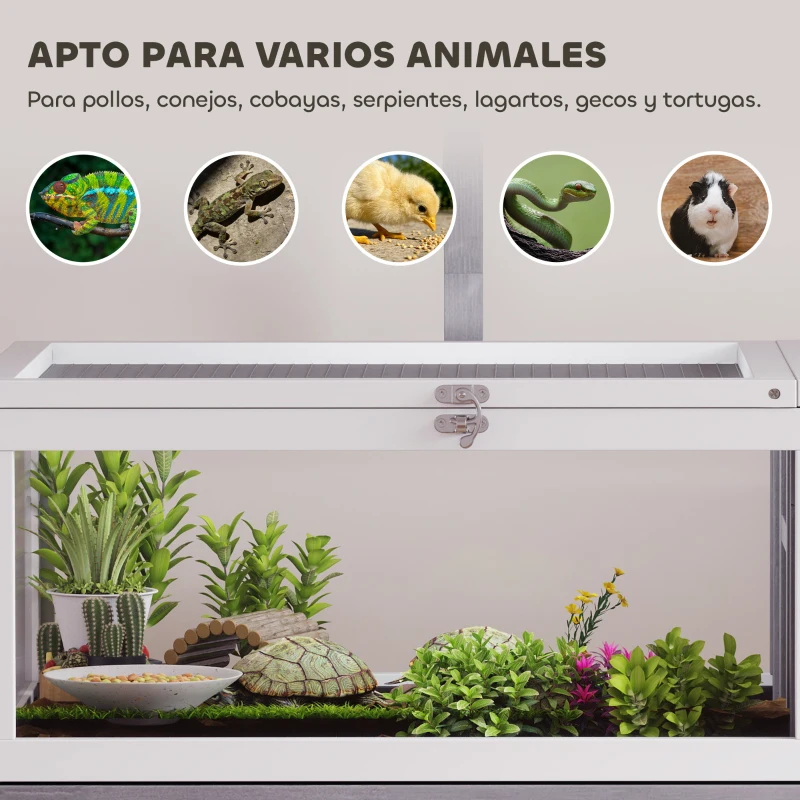 PawHut Casa para Tortugas de Madera con Techo de Malla Bandeja Extraíble y Soporte para Lámpara 104x53x82 cm Gris y Blanco