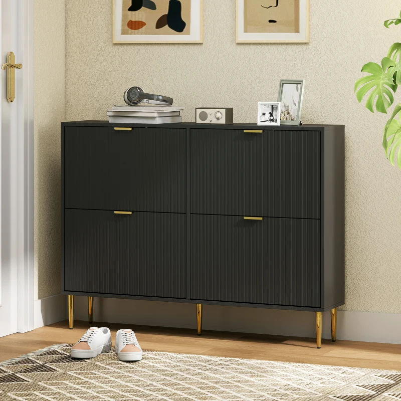 HOMCOM Meuble à chaussures 20 paires avec 4 tiroirs rabattables, portes cannelées et étagères réglables, 105x24x91,5cm, noir