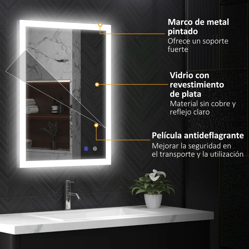 kleankin Espejo de Baño con Luces LED Regulable en 3 Colores 80x60 cm Función Antivaho Función de Memoria Interruptor Táctil