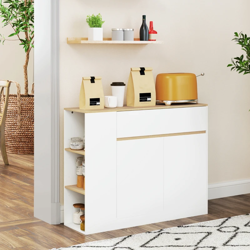 HOMCOM Mobile Buffet con Ante, 3 Ripiani Aperti, Cassetto, 105 x 30 x 81,5cm, Bianco e Legno