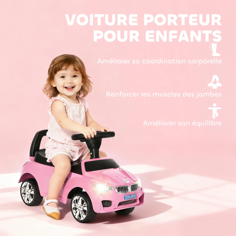 HOMCOM Porteur enfants voiture, véhicule à pousser avec coffre à jouets, klaxon, phares et musique, 63,5 x 28 x 36 cm, rose