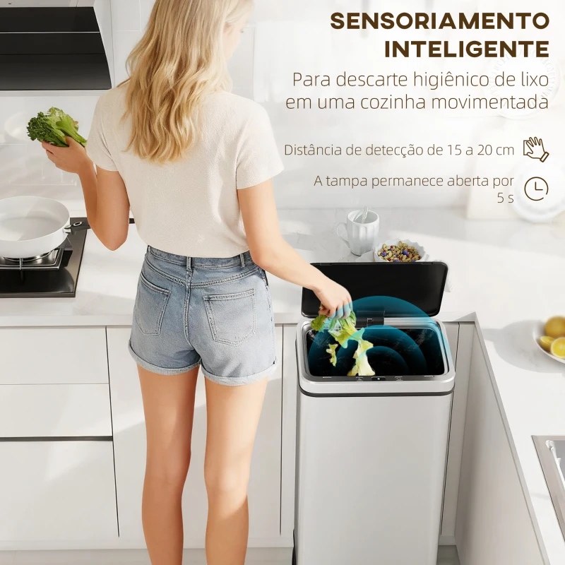 HOMCOM Balde de Lixo Automático 50 L  em Aço Inoxidável com Sensor Infravermelhos e Aro de Retenção 35,5x26x83,5 cm Prata
