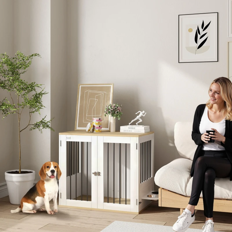 PawHut Cage pour chiens, table d'appoint, gamelles amovibles rotatives à 360° 2 portes pour chien moyenne 80x55x71,5cm blanc