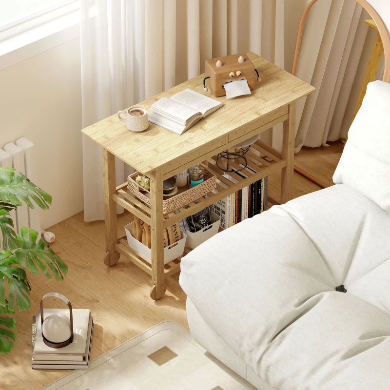 HOMCOM Carrito Auxiliar con Ruedas de Bambú Carro de Servicio con 2 Cajones 2 Estantes de Listones 100x43x75 cm Natural