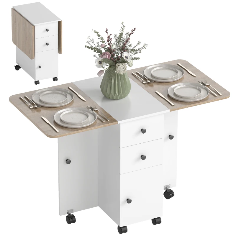 HOMCOM Mesa Plegable de Comedor con Ruedas Alas Abatibles 2 Cajones y Armario Hasta 6 Personas 120x60x76,5 cm Blanco y Natural