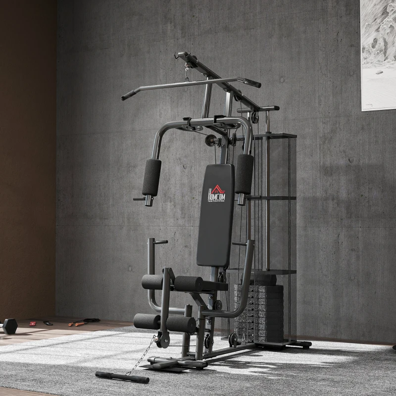 HOMCOM Gym Krachtstation Fitnessstation Multigym Fitnesscentrum Fitnessapparatuur incl. gewichten Latzug Beincurl Metaal PU-kunstleer zwart 150 x 110 x 210 cm(m-10)