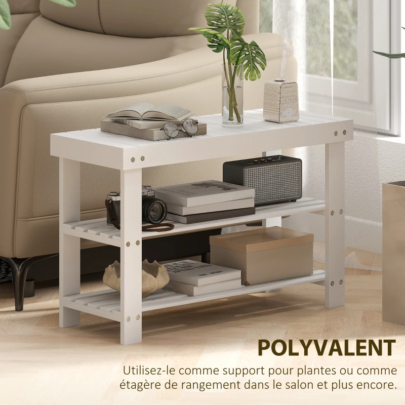 HOMCOM Banc à chaussures en bambou, étagère à chaussures à 3 niveaux, style scandinave, charge 136 Kg, 70 x 28 x 45 cm, blanc