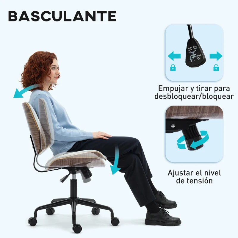 HOMCOM Silla de Escritorio sin Brazos Giratoria con Respaldo Curvado Asiento Forma U Altura Ajustable Basculante Blanco