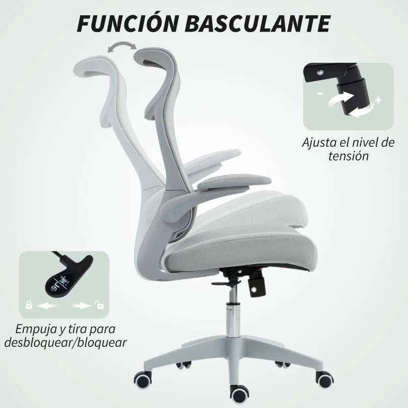 HOMCOM Silla de Oficina Ergonómica Giratoria de Malla con Soporte Lumbar Reposabrazos Abatibles Reposacabezas Basculante Gris
