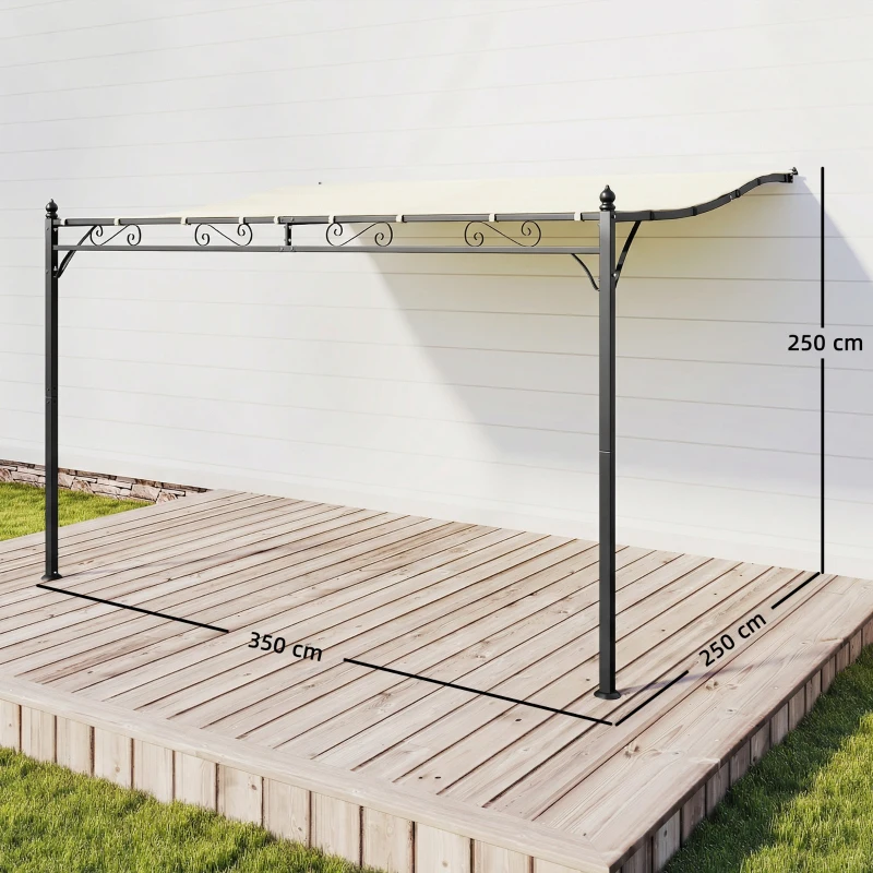 Outsunny Pérgola de Pared 2,5x3,5 m con Techo Inclinado Orificios de Drenaje y Estructura Metálica Blanco Crema