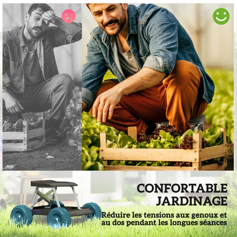 Outsunny Siège de jardin sur roues tabouret de jardinage plateau à outils pour désherber planter 50 x 49 x 32 cm vert foncé