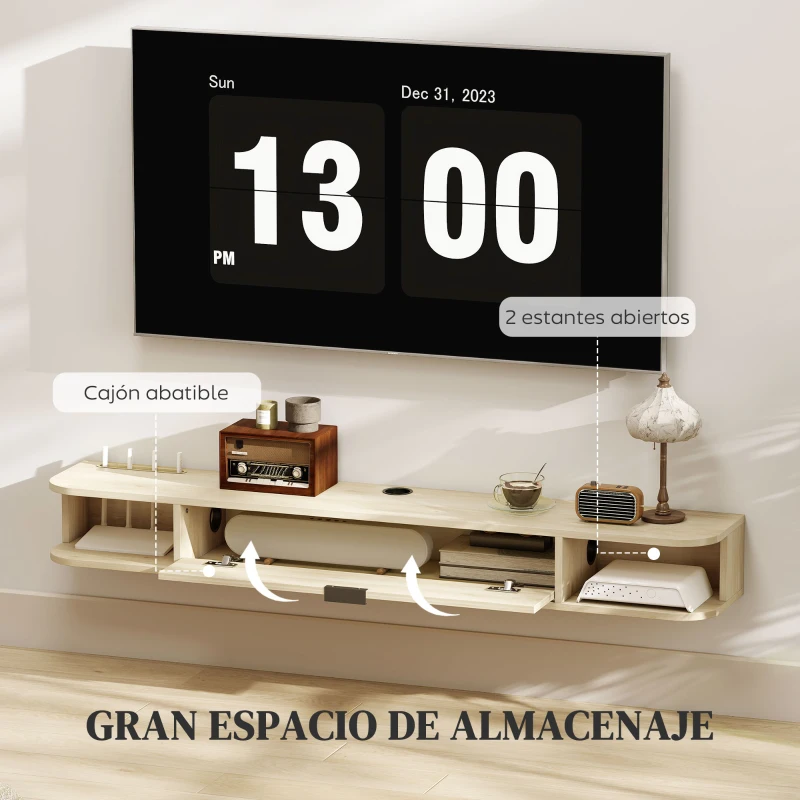 HOMCOM Mueble de TV Suspendido con Cajón Abatible 2 Estantes Abiertos Gestión de Cables 140x24x16 cm Madera Natural