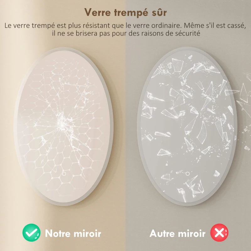 HOMCOM Miroir salle de bain avec éclairage 80 x 50 cm, miroir LED ovale, anti-buée, 3 couleurs lumière, dimmable, transparent