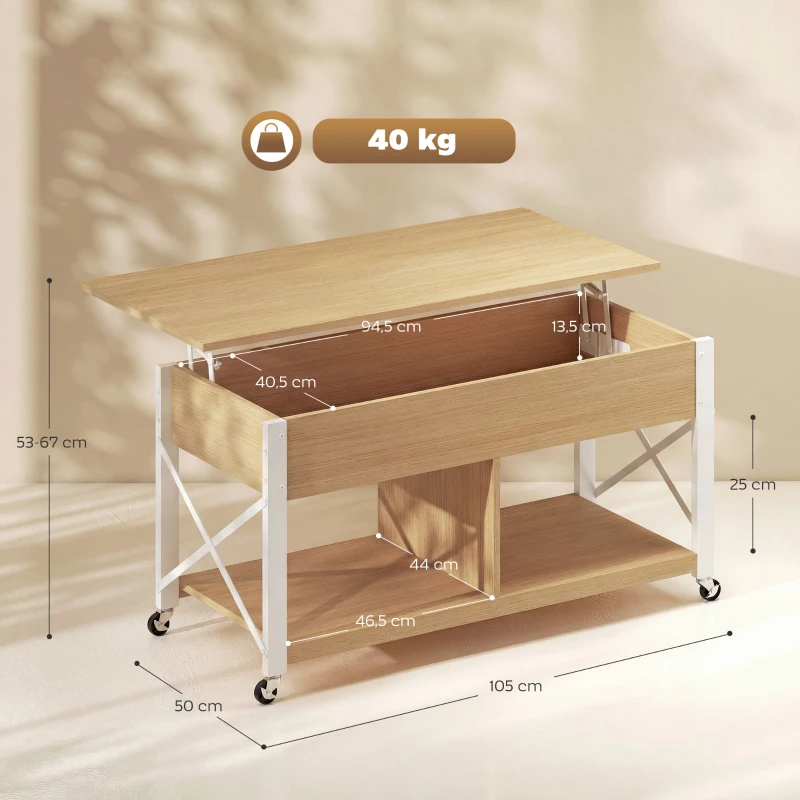 HOMCOM Mesa de Centro Elevatória com Rodas Compartimento Oculto e Prateleiras Abertas 105x50x67 cm Madeira e Branco