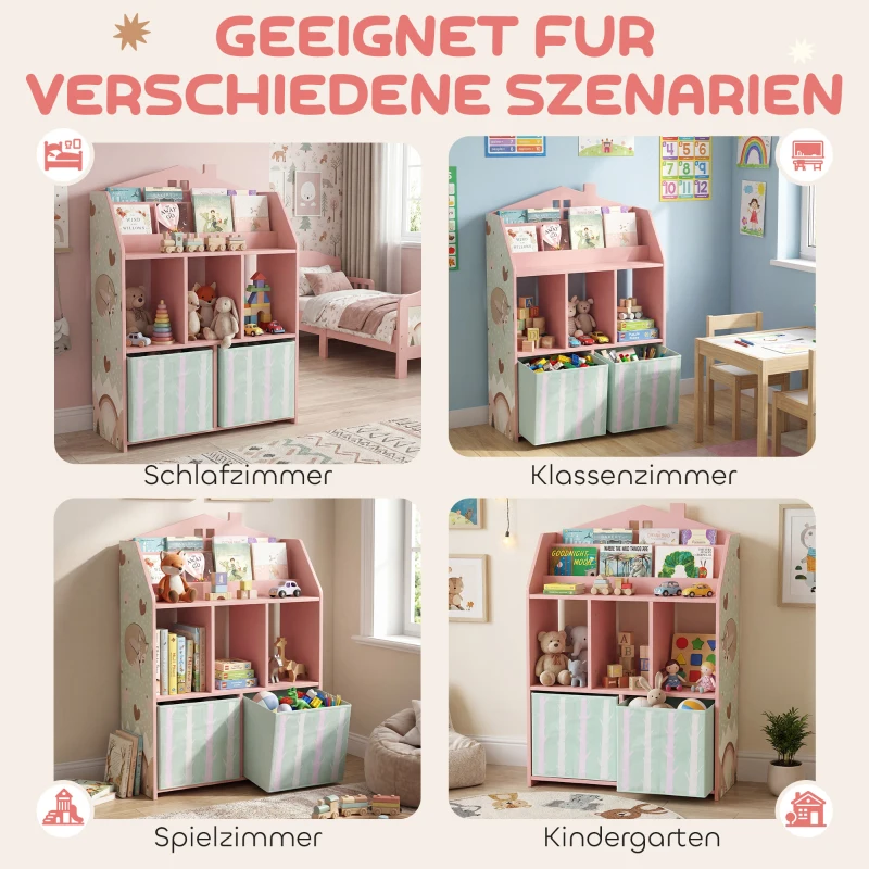 AIYAPLAY Kinderregal Bücherregal Kinder mit 2 Stoffschubladen offen Regal für 3-8 Jahre 62,5x30x91,5 cm Rosa