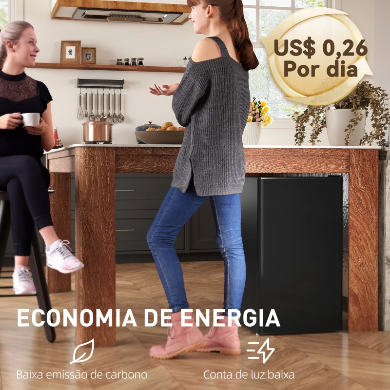 HOMCOM Frigorífico Pequeno com Congelador 91L Silencioso Porta Reversível Temperatura Regulável e Prateleiras Ajustáveis Preto