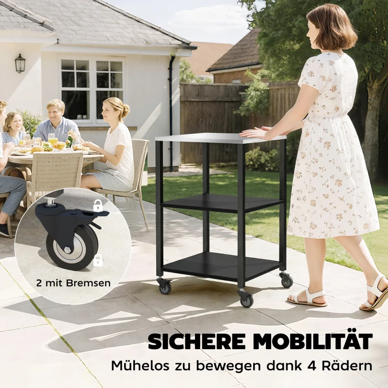 Outsunny Grillwagen 3-Etagen Grilltisch mit Edelstahl Arbeitsfläche Rollen mobiler Servierwagen 50 x 50 x 90 cm Schwarz