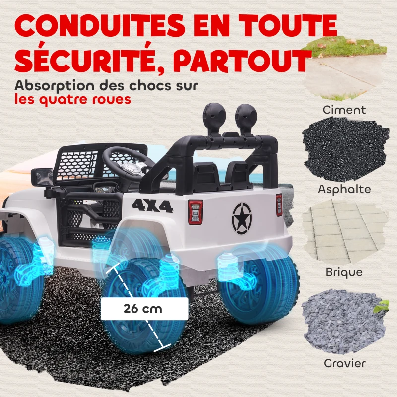 HOMCOM Voiture électrique Enfant Propulsion arrière 12 V 5 Km/h Max. télécommande Incluse Effets Lumineux sonores dim. 100L x 65l x 72H cm Blanc