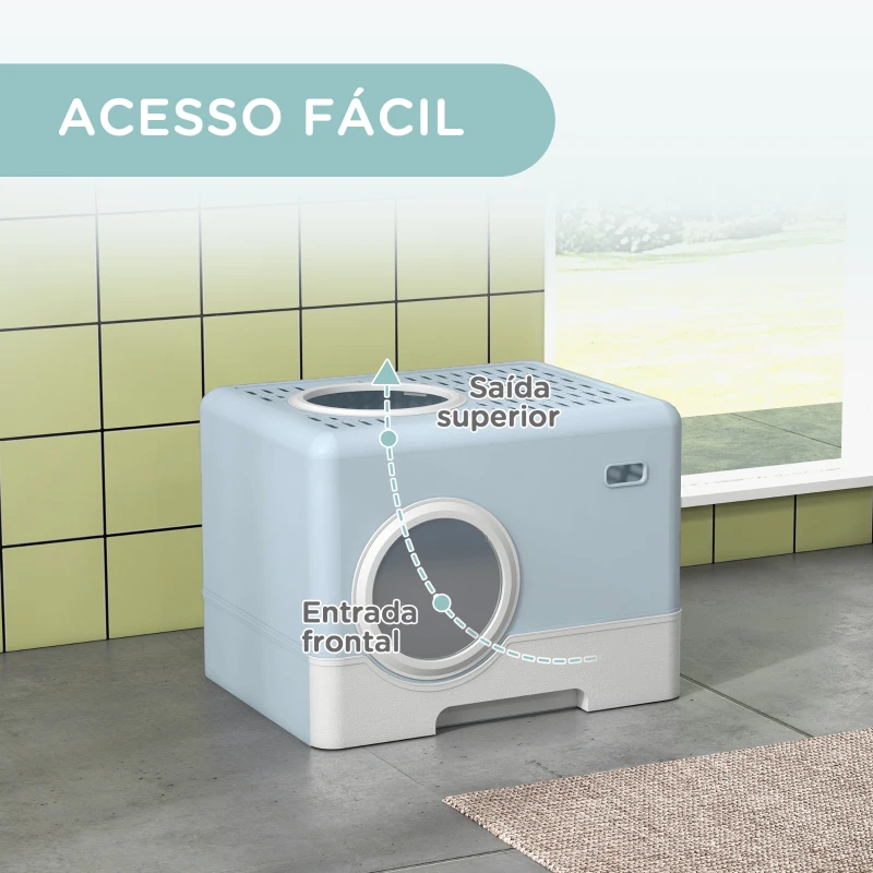 PawHut Caixa de Areia para Gatos com Pá Bandeja Removível 2 Portas Entrada Frontal e Saída Superior 52x41x38,5 cm Azul Claro