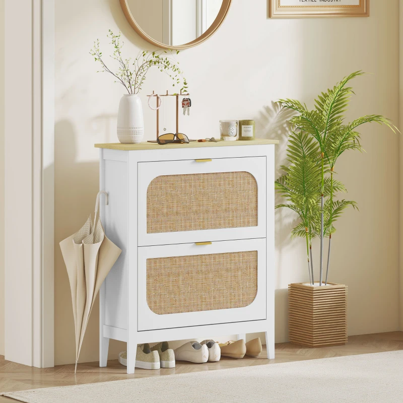 HOMCOM Meuble à chaussures 14 paires bohème avec 2 tiroirs rabattables, portes effet cannage rotin, 80 x 24 x 95,5 cm, blanc