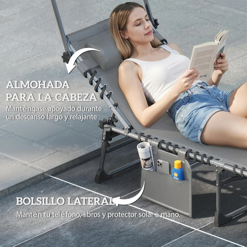 Outsunny Set de 2 Tumbonas Plegables con Reposacabezas Parasol Bolsillo Lateral y Respaldo Reclinable en 5 Posiciones Gris