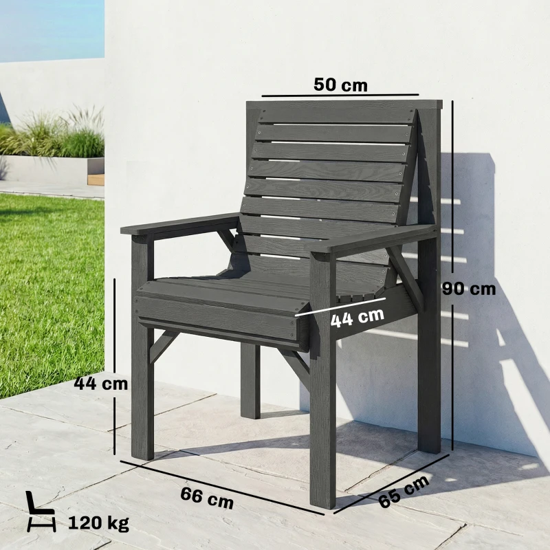 Outsunny Wooden Garden Dining Chair, Outdoor Chair Garden Armchair with Curved Seat and Wide Armrests, Grey