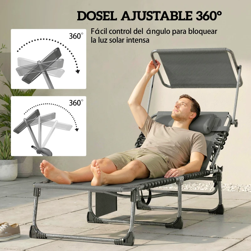 Outsunny Set de 2 Tumbonas Plegables con Reposacabezas Parasol Bolsillo Lateral y Respaldo Reclinable en 5 Posiciones Gris