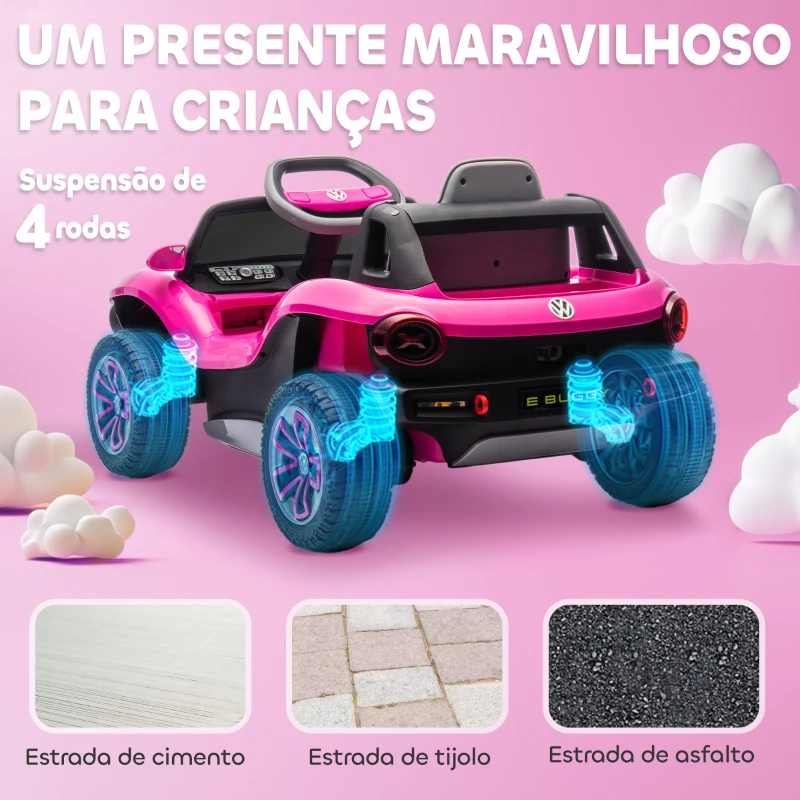 AIYAPLAY Carro Elétrico para Crianças Volkswagen E-Buggy Bateria 12V com Controlo Remoto 2,4 G Faróis LED Música USB 98x56,5x47 cm Rosa