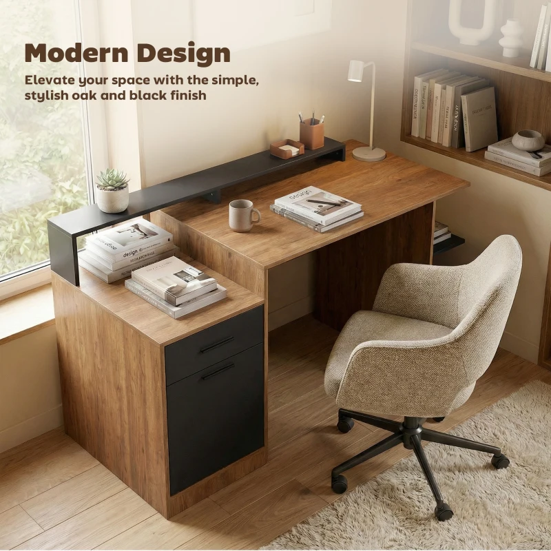 HOMCOM Biurko komputerowe z miejscem na przechowywanie i półkami, nowoczesne biurko do biura i gabinetu, 140 cm, dąb