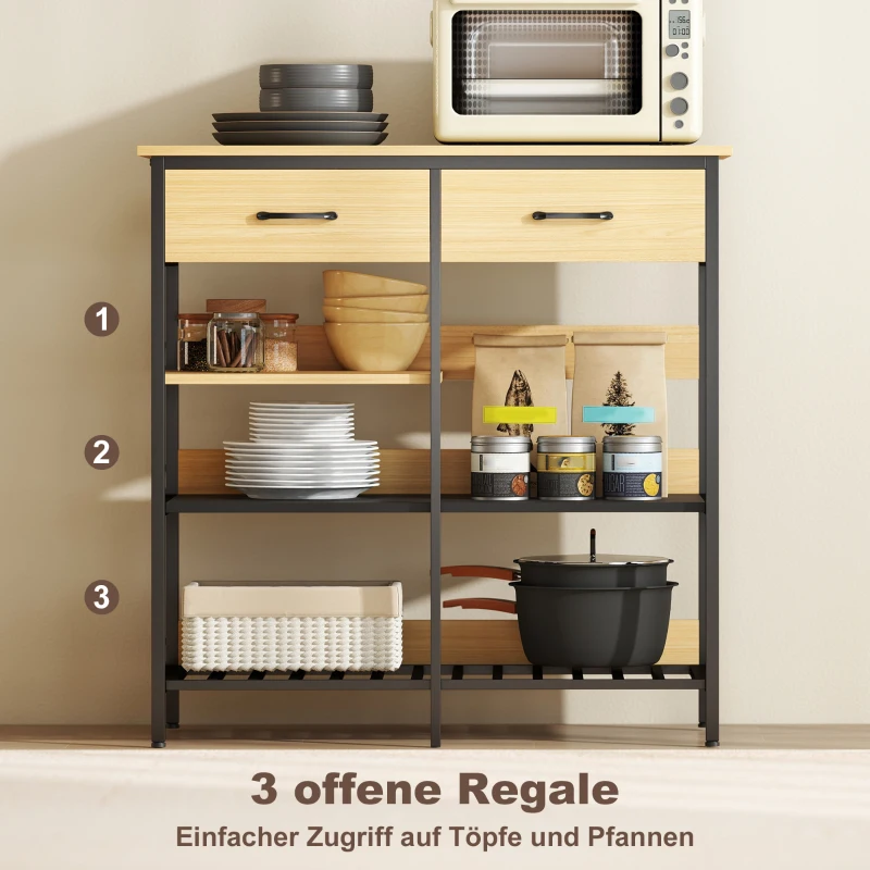 HOMCOM Sideboard, Kommode mit 2 Schubladen, 3 offenen Regalen Küchenschrankfür Küche, Wohnzimmer 90 x 40 x 91 cm, Naturholz